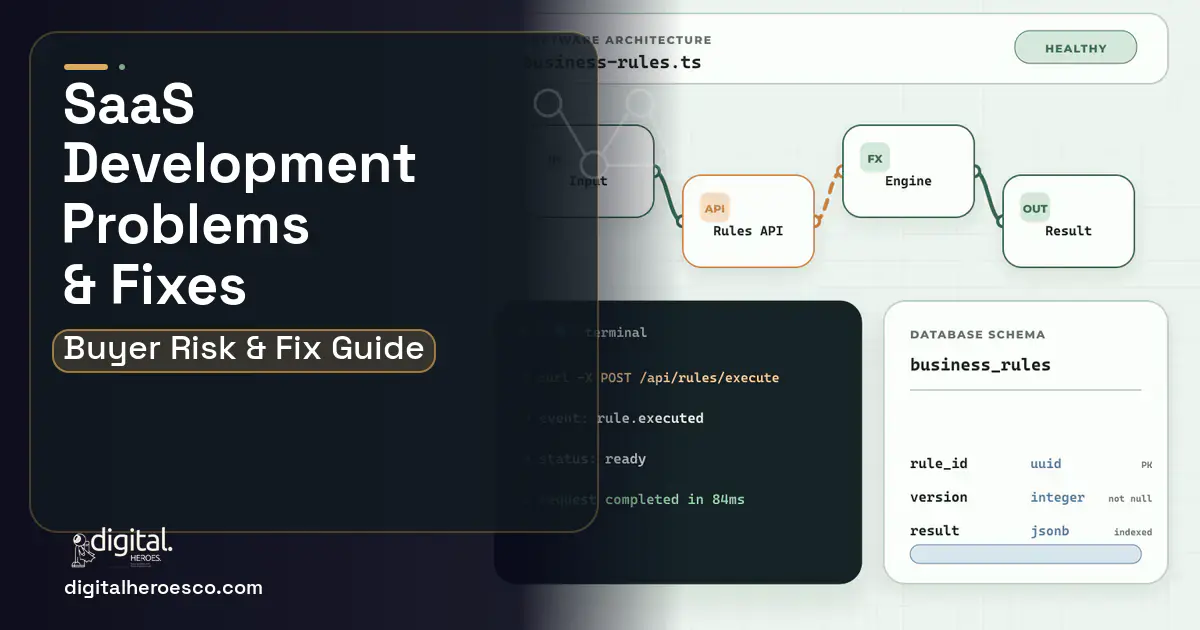 SaaS Development architecture and database illustration showing common problems and fixes.