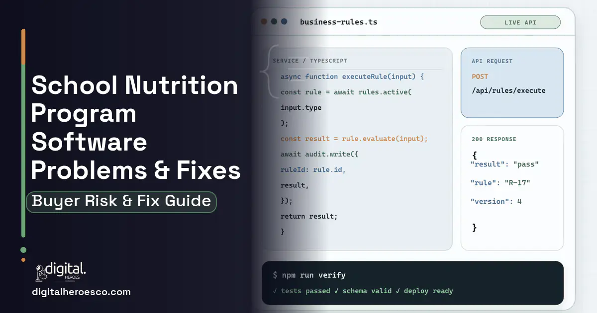 School Nutrition Program Software code editor and API illustration showing common problems and fixes.
