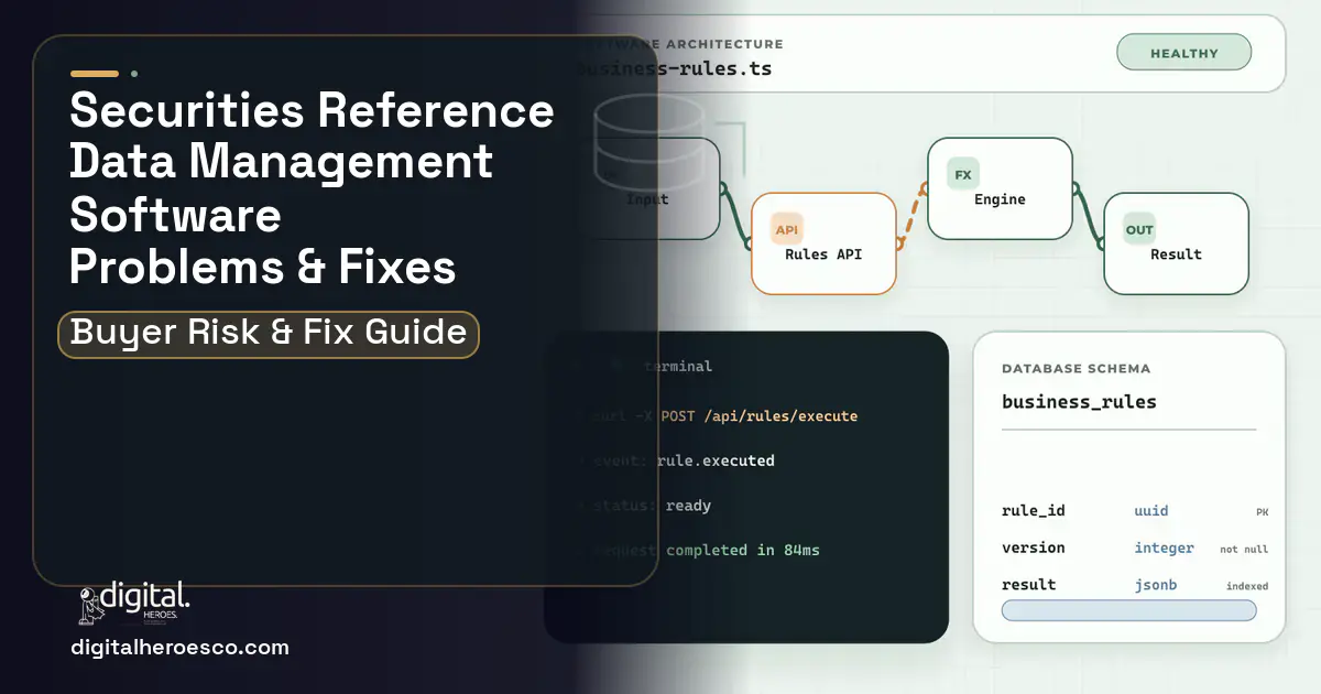 Securities Reference Data Management Software architecture and database illustration showing common problems and fixes.
