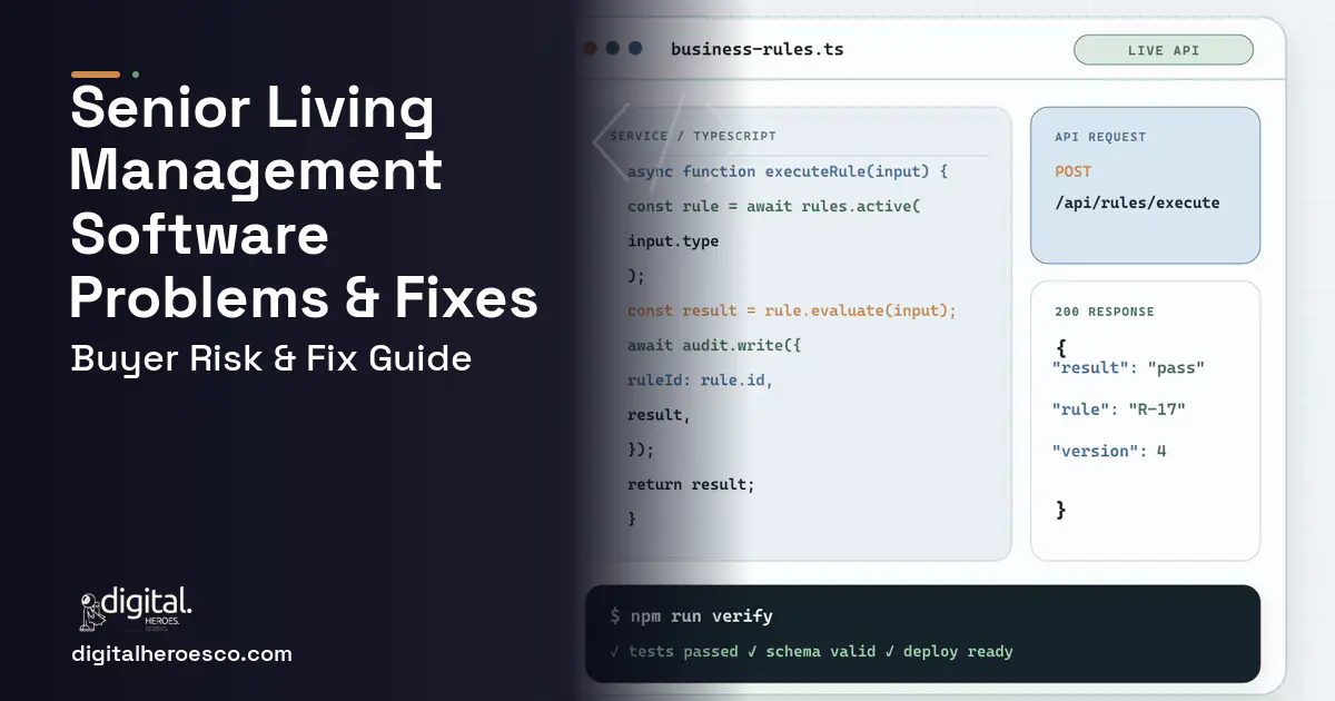 Senior Living Management Software code editor and API illustration showing common problems and fixes.