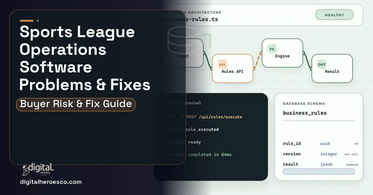 Sports League Operations Software architecture and database illustration showing common problems and fixes.