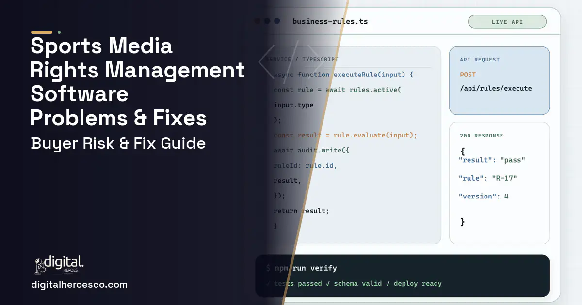 Sports Media Rights Management Software code editor and API illustration showing common problems and fixes.