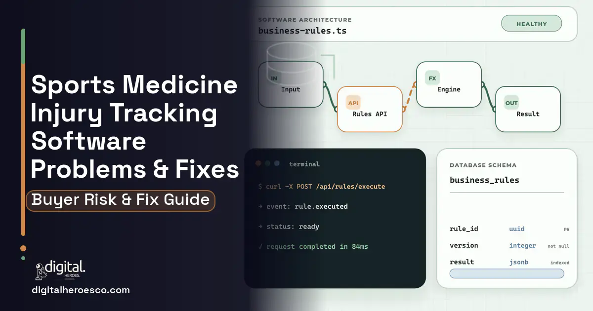 Sports Medicine Injury Tracking Software architecture and database illustration showing common problems and fixes.
