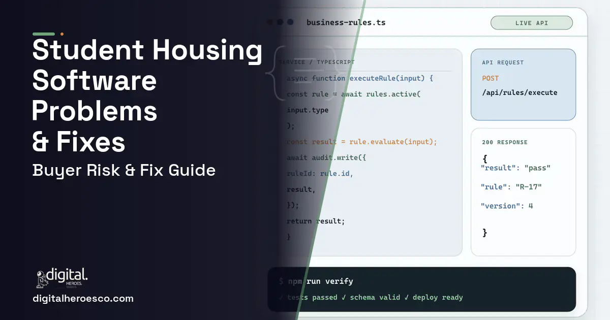 Student Housing Software code editor and API illustration showing common problems and fixes.