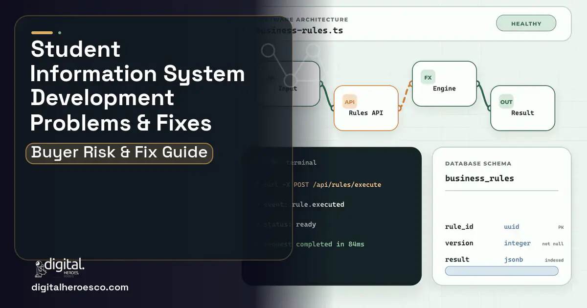 Student Information System Development architecture and database illustration showing common problems and fixes.