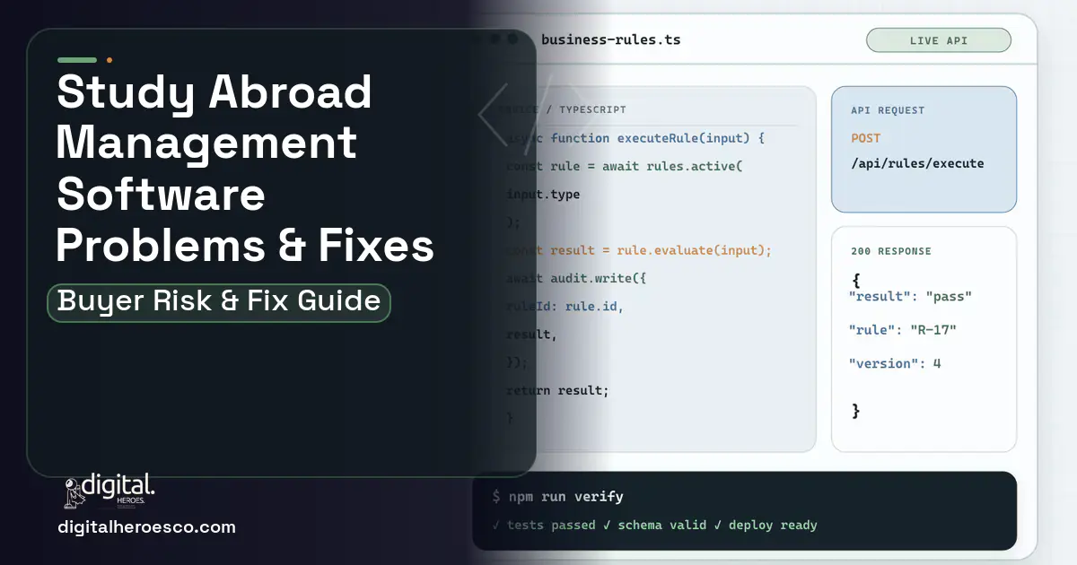 Study Abroad Management Software code editor and API illustration showing common problems and fixes.