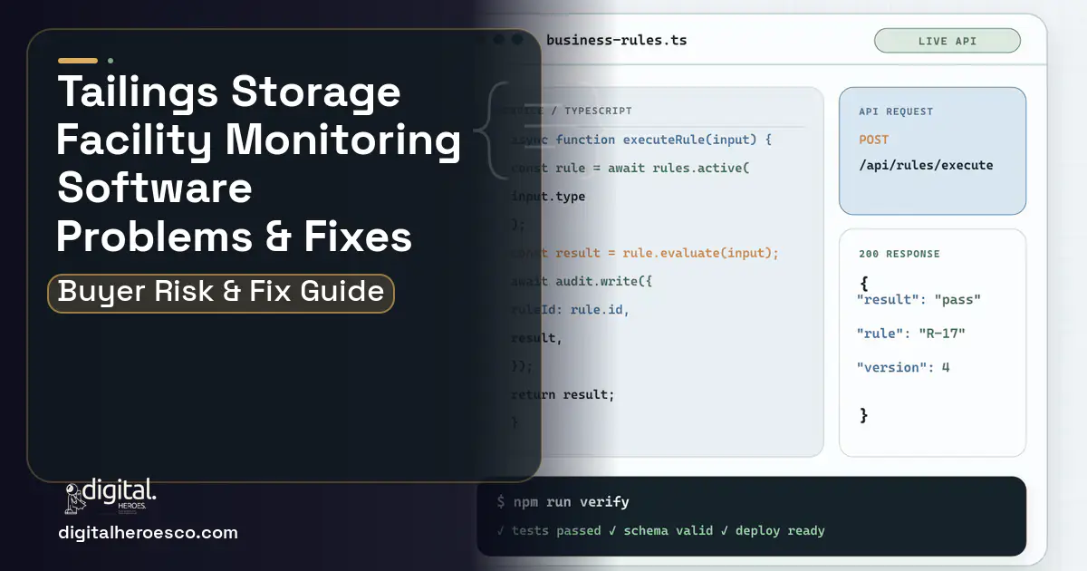 Tailings Storage Facility Monitoring Software code editor and API illustration showing common problems and fixes.
