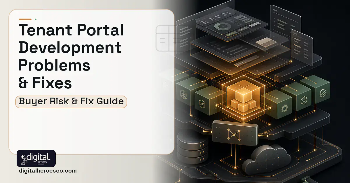 Tenant Portal Development product interface illustration showing common problems and fixes.