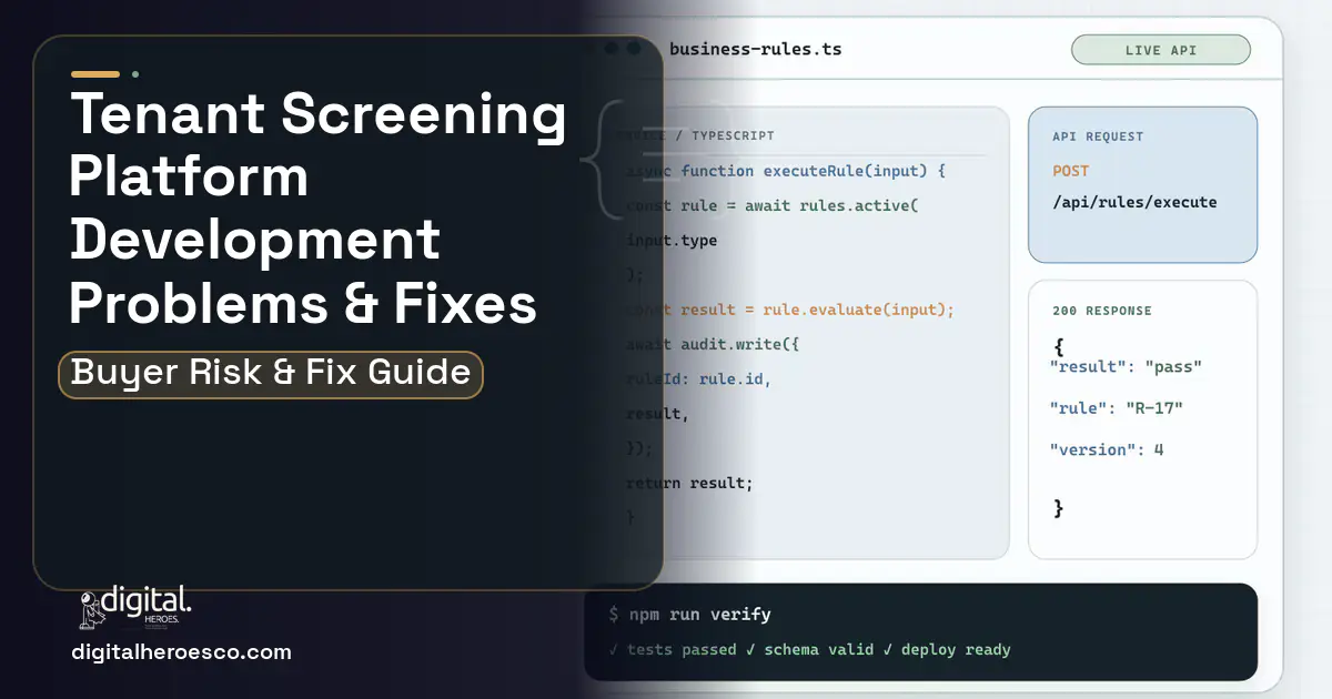 Tenant Screening Platform Development code editor and API illustration showing common problems and fixes.