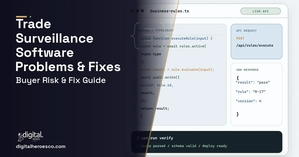 Trade Surveillance Software code editor and API illustration showing common problems and fixes.