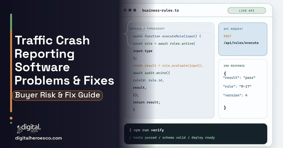 Traffic Crash Reporting Software code editor and API illustration showing common problems and fixes.