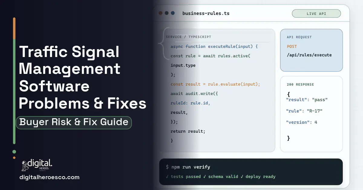 Traffic Signal Management Software code editor and API illustration showing common problems and fixes.