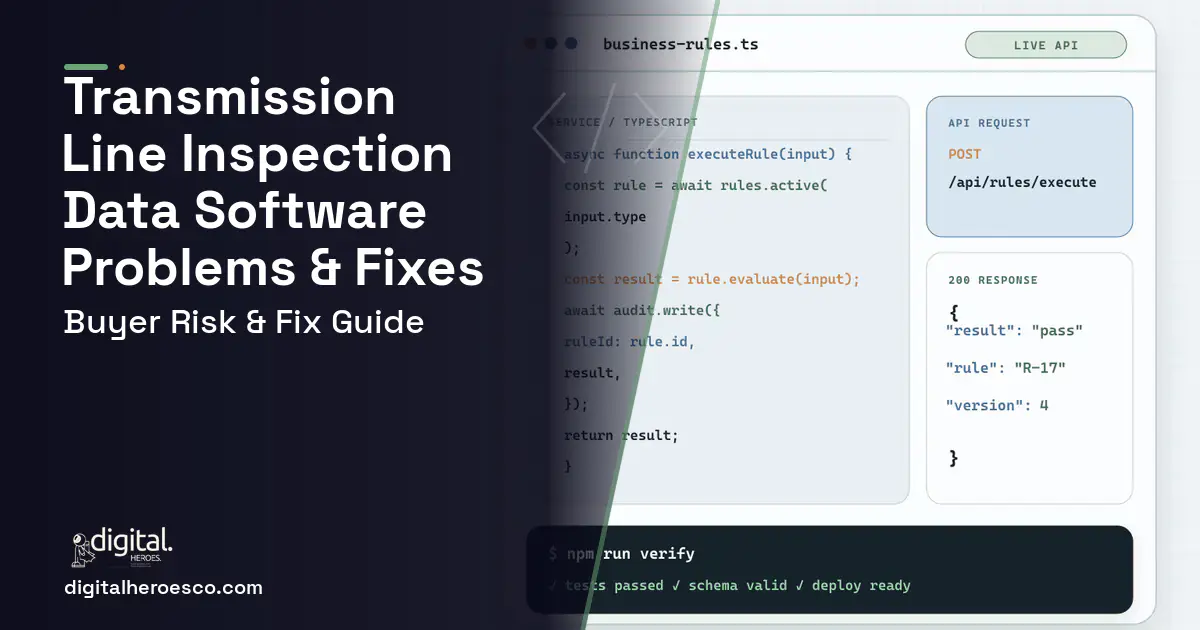Transmission Line Inspection Data Software code editor and API illustration showing common problems and fixes.