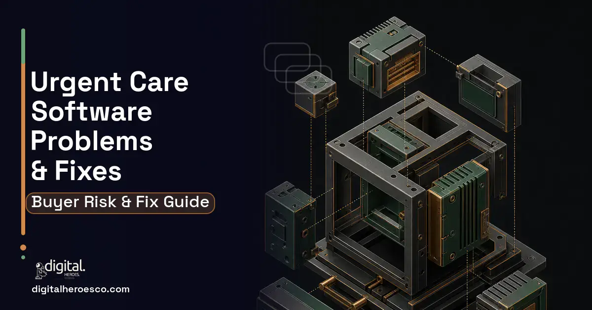 Urgent Care Software software overview illustration showing common problems and fixes.