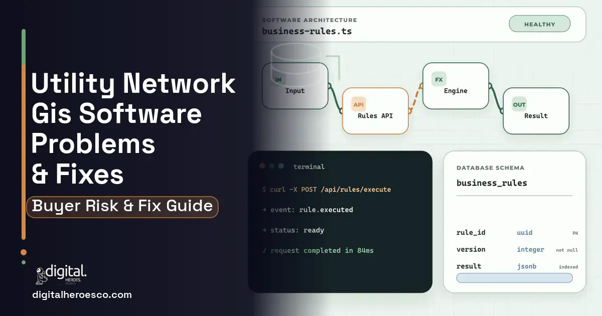 Utility Network GIS Software architecture and database illustration showing common problems and fixes.