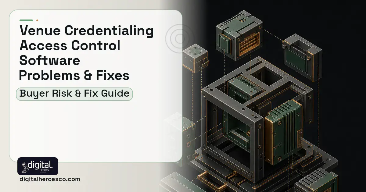 Venue Credentialing Access Control Software software overview illustration showing common problems and fixes.