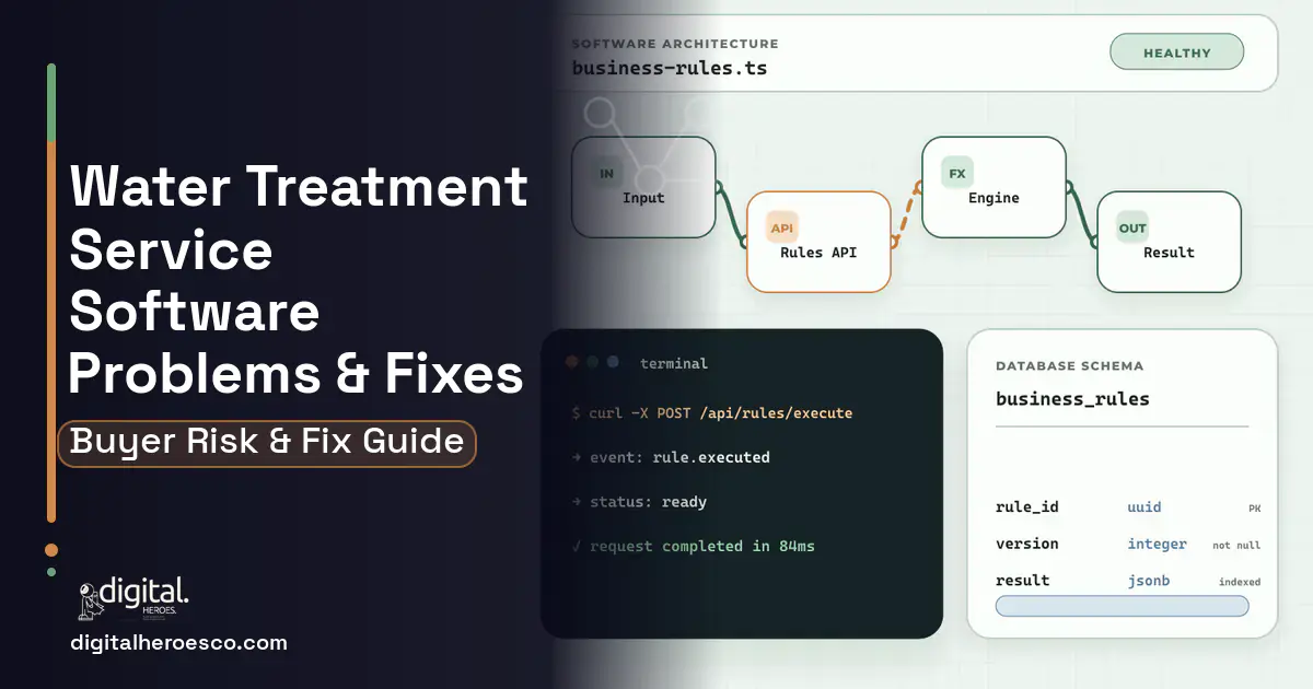 Water Treatment Service Software architecture and database illustration showing common problems and fixes.