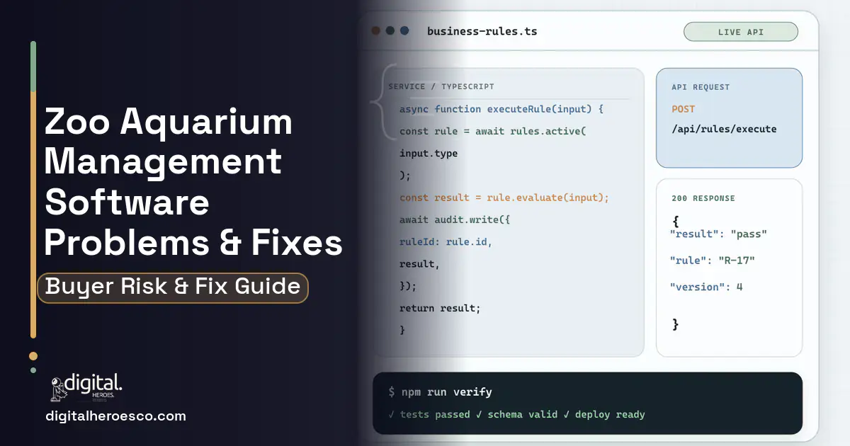 ZOO Aquarium Management Software code editor and API illustration showing common problems and fixes.