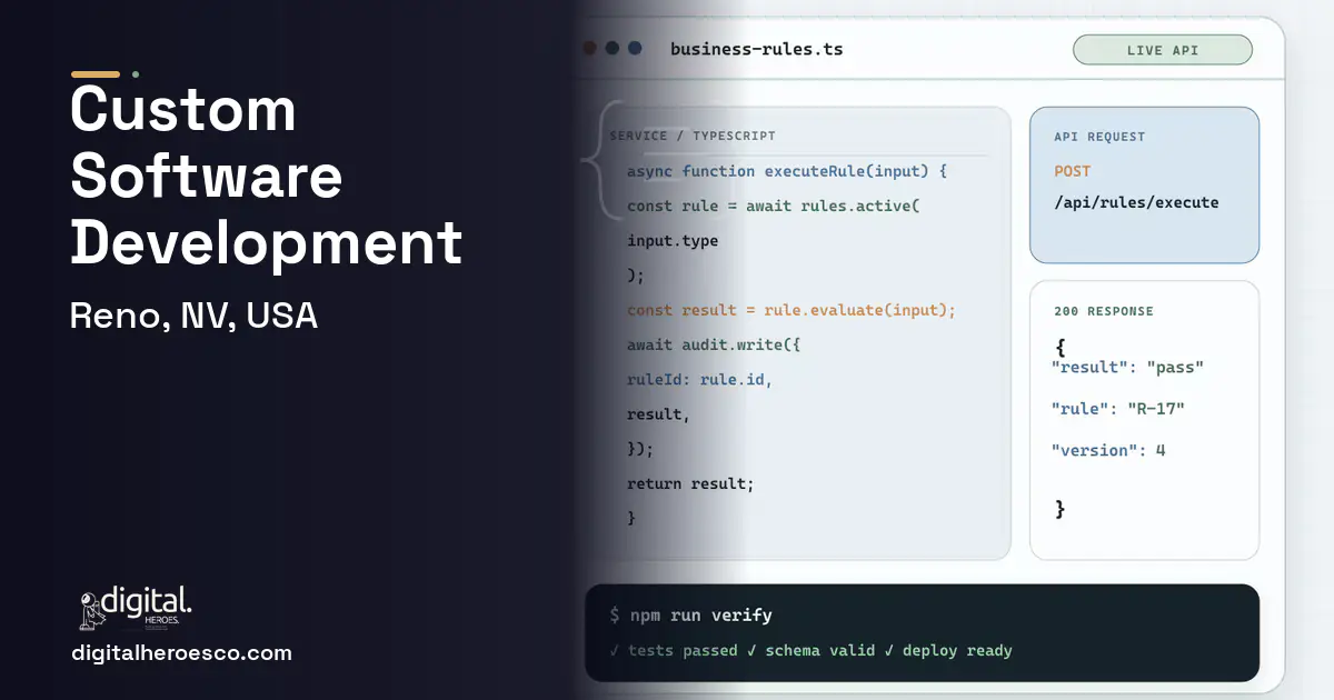 Custom Software Development code editor and API illustration for Reno, NV, USA.