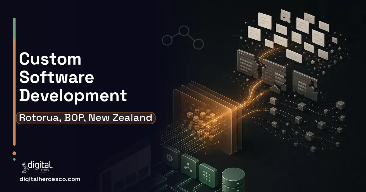 Custom Software Development workflow illustration for Rotorua, BOP, New Zealand.