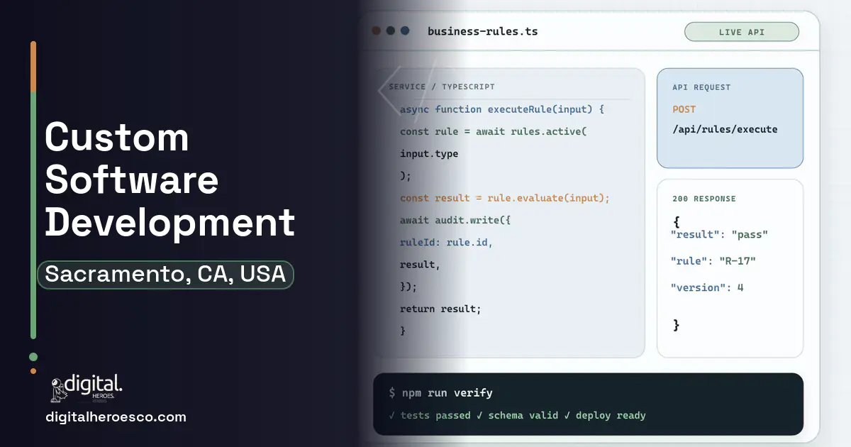 Custom Software Development code editor and API illustration for Sacramento, CA, USA.