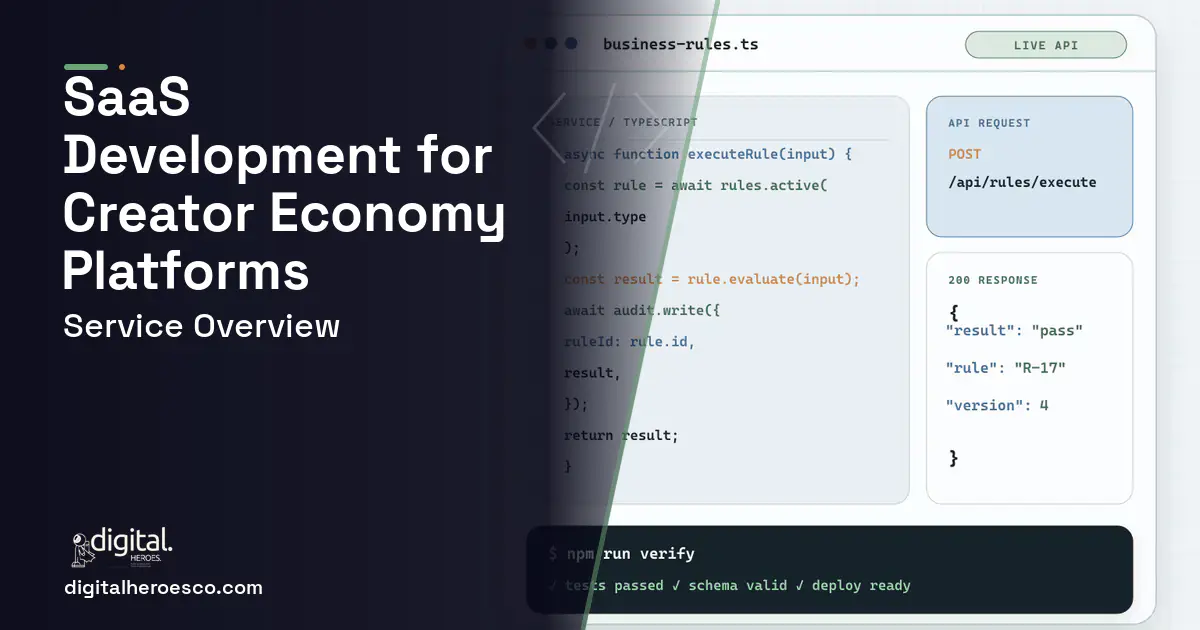 Custom Software Development code editor and API illustration for SaaS Development for Creator Economy Platforms.