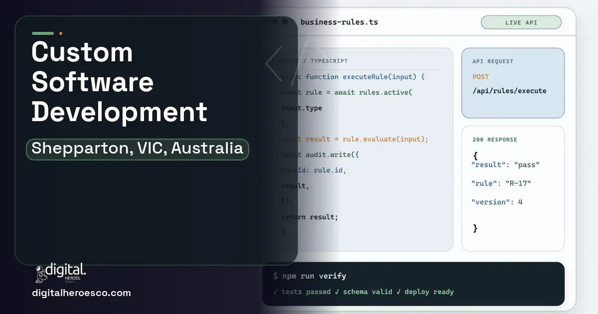 Custom Software Development code editor and API illustration for Shepparton, VIC, Australia.