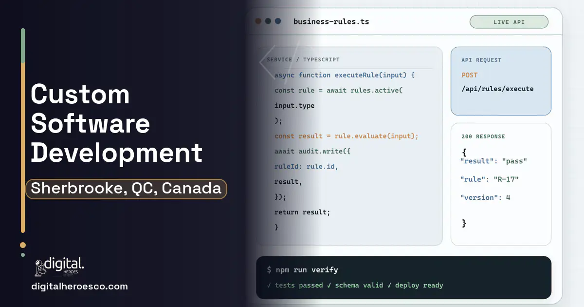 Custom Software Development code editor and API illustration for Sherbrooke, QC, Canada.