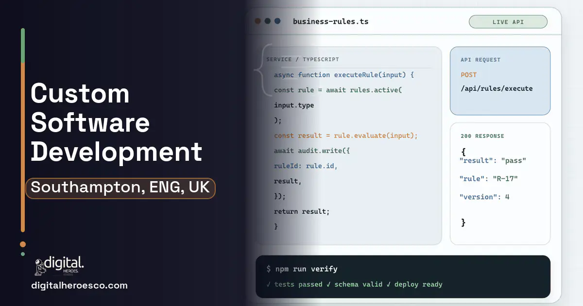Custom Software Development code editor and API illustration for Southampton, ENG, UK.