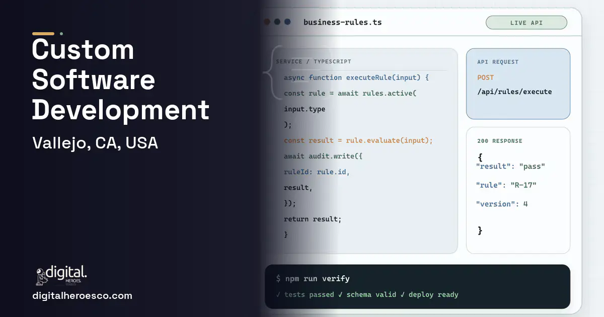 Custom Software Development code editor and API illustration for Vallejo, CA, USA.