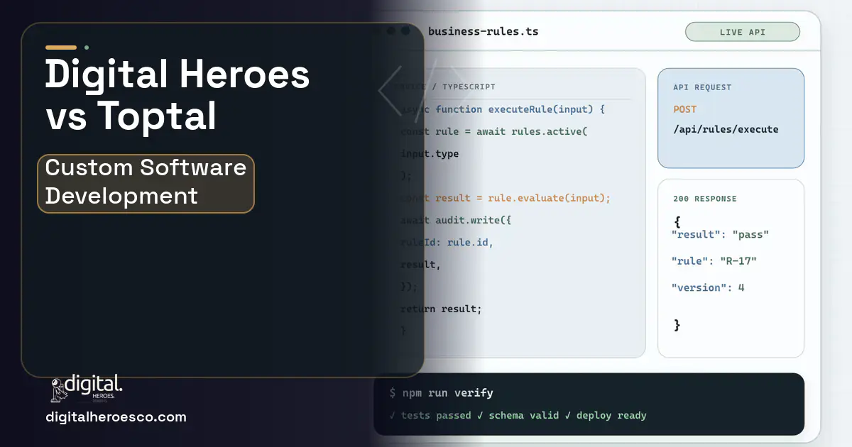 Custom Software Development code editor and API illustration for Toptal Head to Head Comparison.