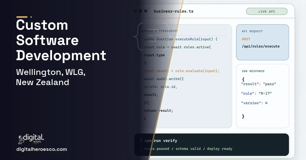 Custom Software Development code editor and API illustration for Wellington, WLG, New Zealand.