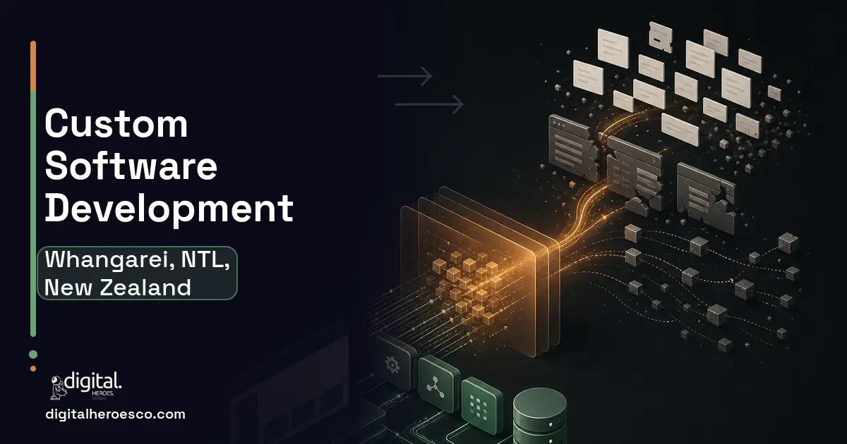 Custom Software Development workflow illustration for Whangarei, NTL, New Zealand.