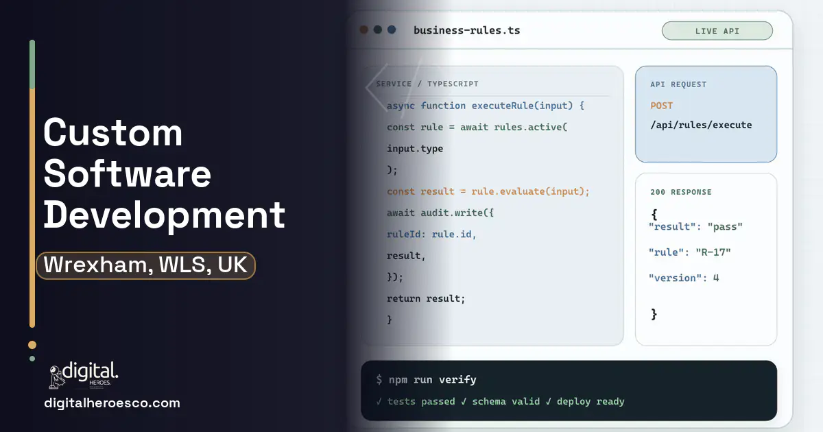 Custom Software Development code editor and API illustration for Wrexham, WLS, UK.