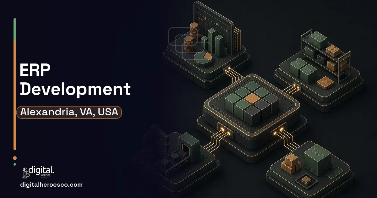 ERP Development software overview illustration for Alexandria, VA, USA.