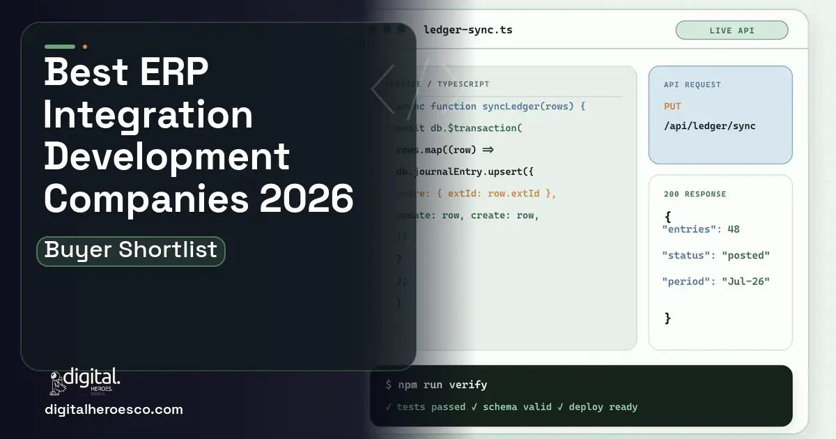 ERP Development code editor and API illustration for Best ERP Integration Development Companies 2026.