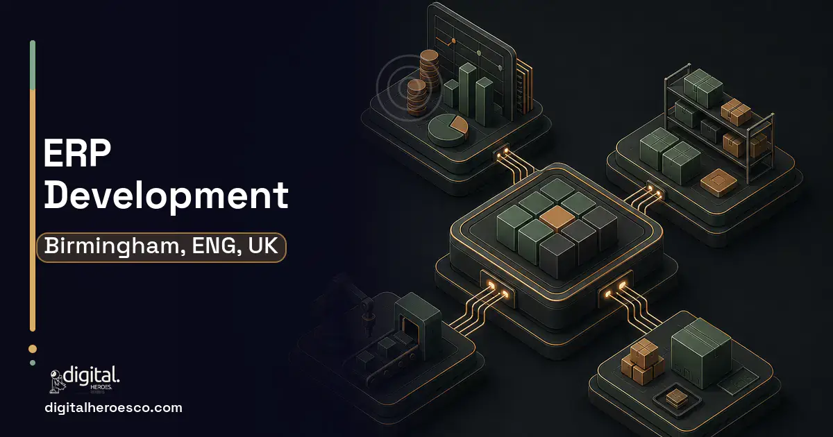 ERP Development software overview illustration for Birmingham, ENG, UK.