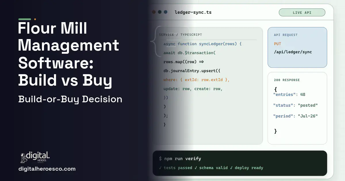 ERP Development code editor and API illustration for Flour Mill Management Software Build vs Buy Guide.