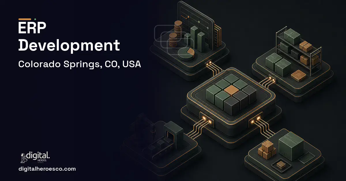 ERP Development software overview illustration for Colorado Springs, CO, USA.