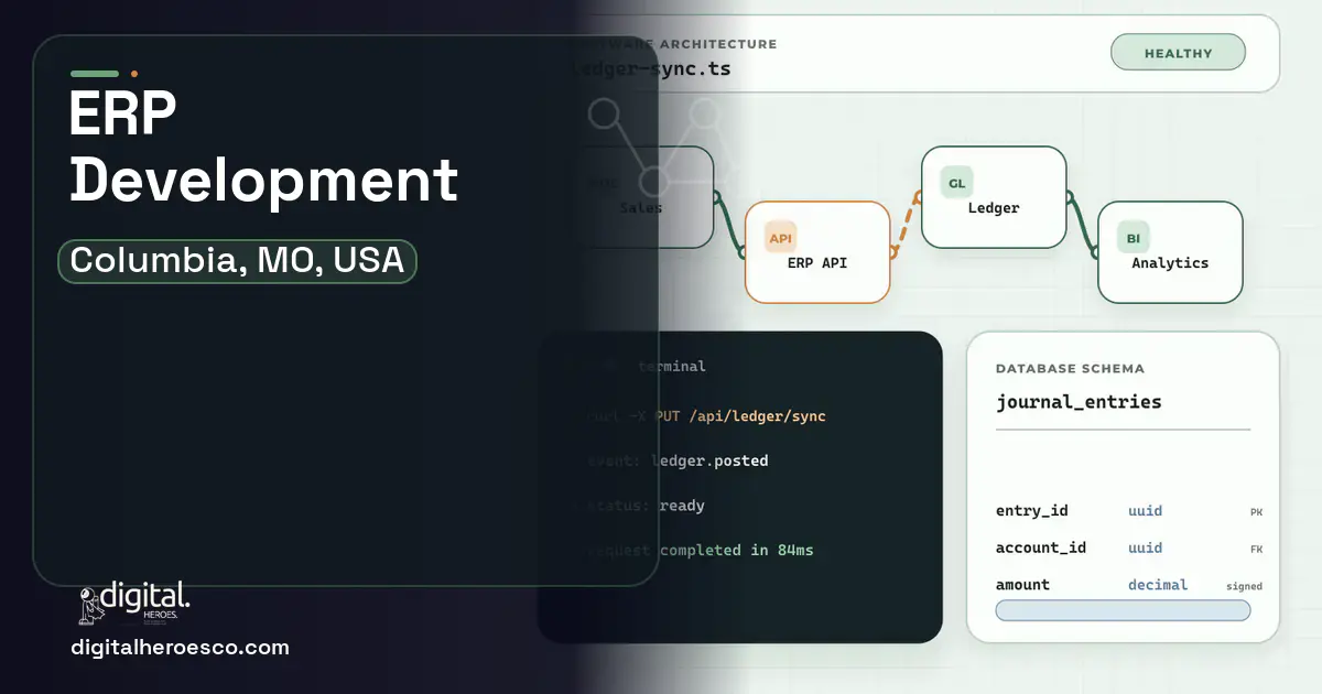 ERP Development architecture and database illustration for Columbia, MO, USA.