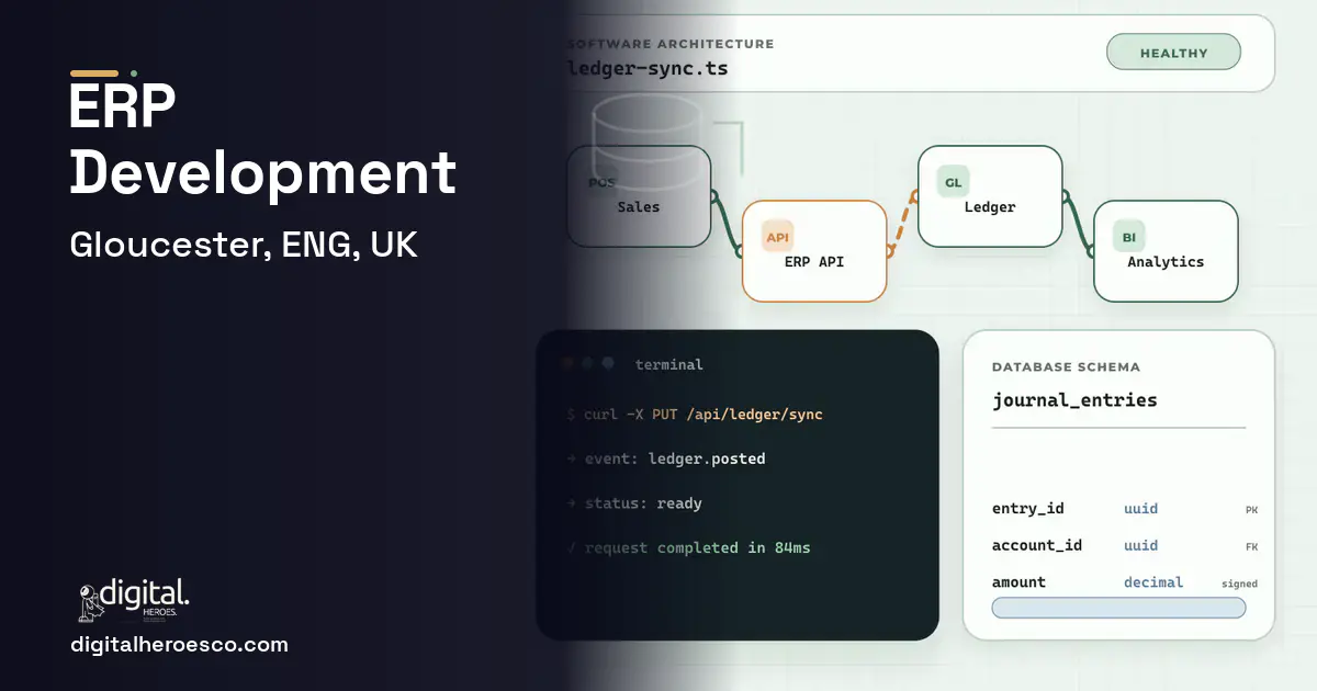 ERP Development architecture and database illustration for Gloucester, ENG, UK.