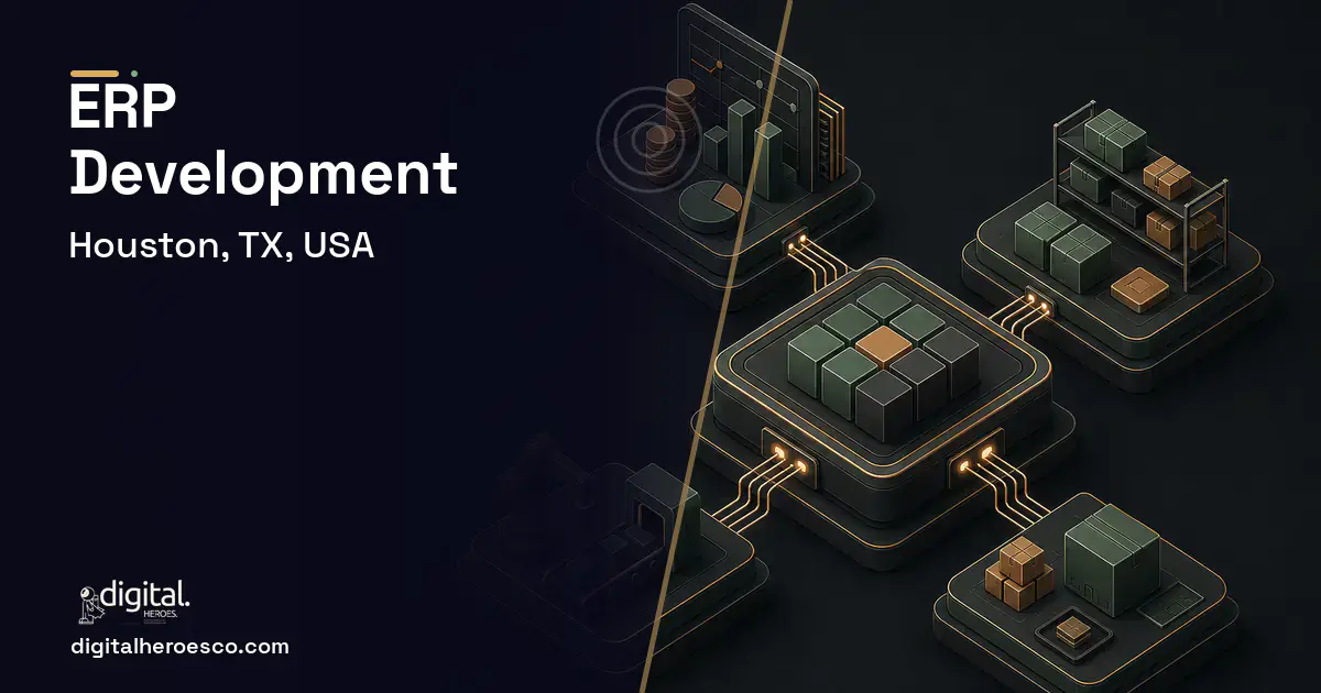 ERP Development software overview illustration for Houston, TX, USA.
