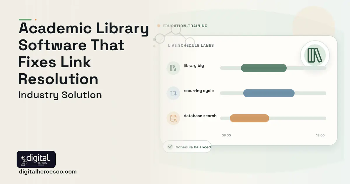 Academic Library Management software visual showing library big, recurring cycle, and database search.