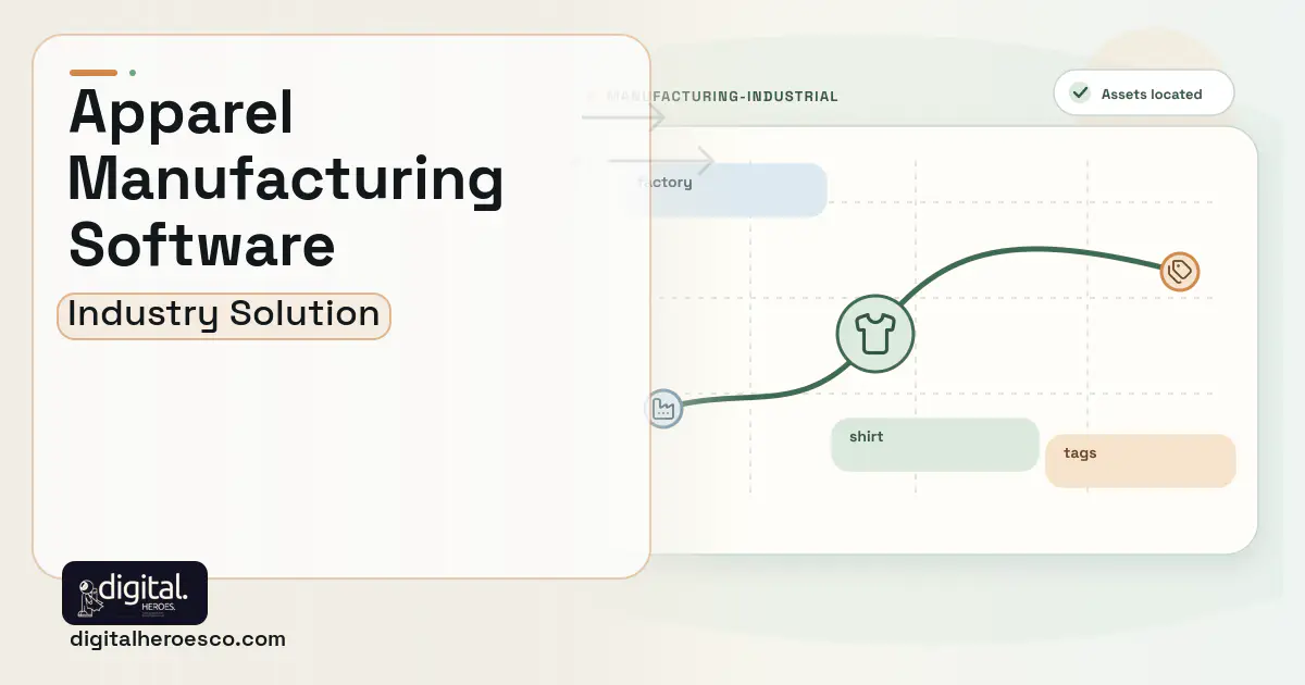 Apparel Manufacturing software visual showing shirt, factory, and tags.