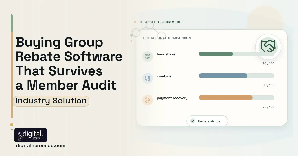 Buying Group Management software visual showing handshake, combine, and payment recovery.