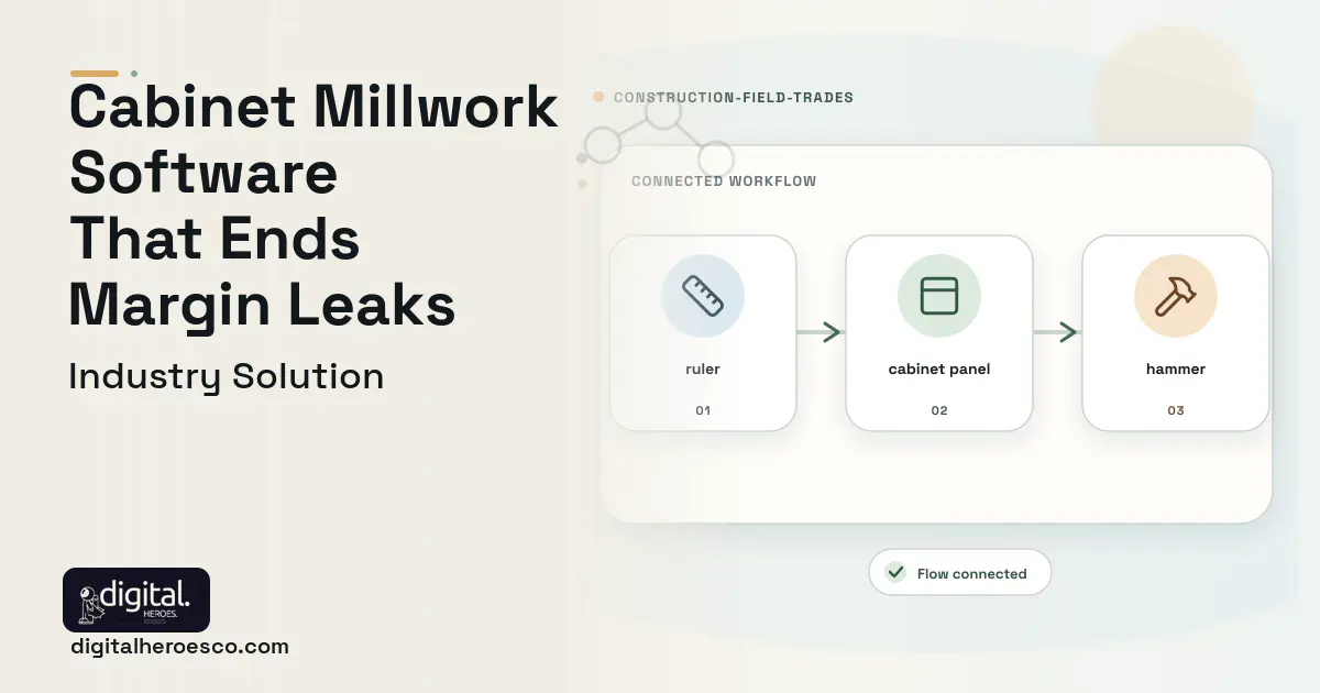 Cabinet Millwork software visual showing cabinet panel, ruler, and hammer.