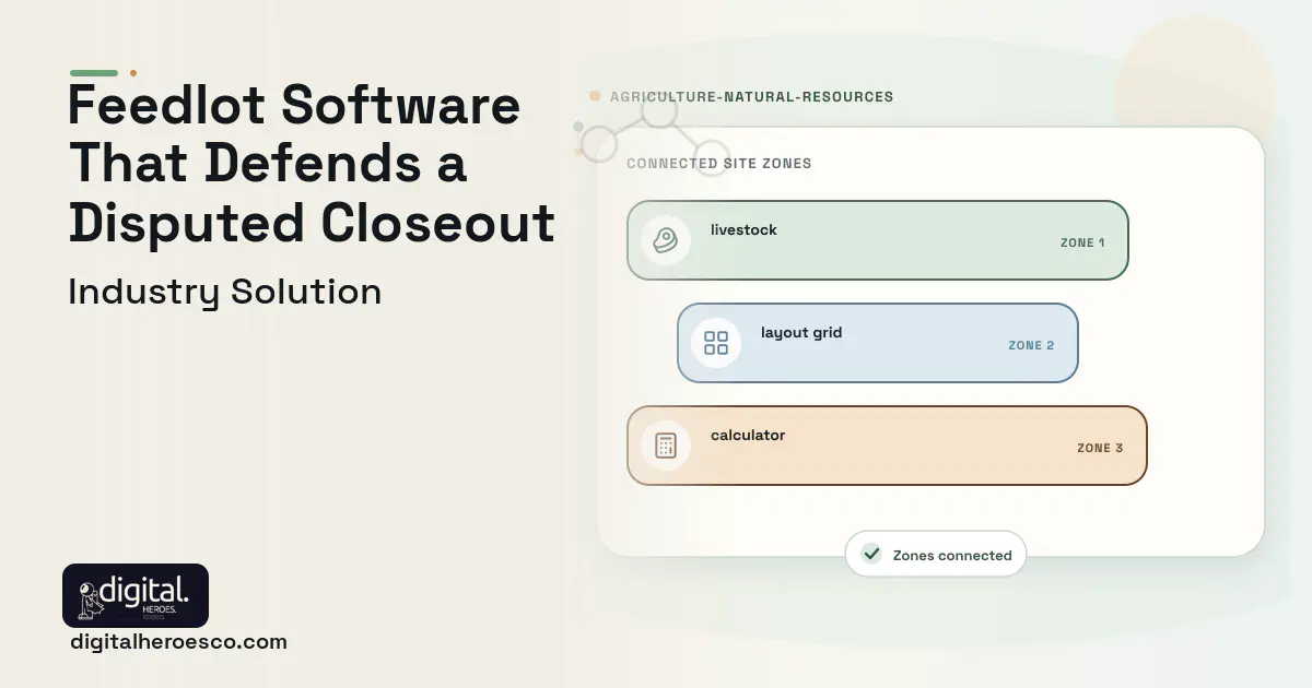 Cattle Feedlot Management software visual showing livestock, layout grid, and calculator.