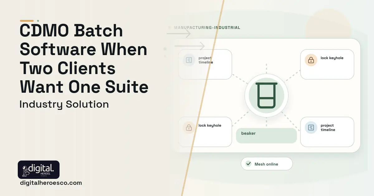 Cdmo Batch and Project Management software visual showing beaker, project timeline, and lock keyhole.