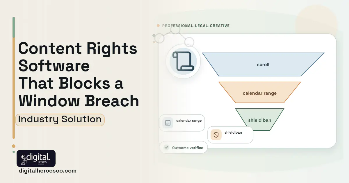 Content Licensing Management software visual showing scroll, calendar range, and shield ban.