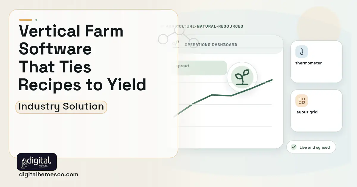 Controlled Environment Agriculture software visual showing sprout, thermometer, and layout grid.
